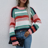 Patchwork O-neck Women's Sweater 2021 Autumn Winter Long Sleeve Drop Shoulder Female Pullovers Loose Fashion