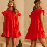 Women Short sleeve Beach Solid Holiday Mini Ruffless Dress Summer Casual Boho Beach Party Loose