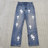New Crowne Loose Printed Jeans Cross Leisure Straight Tube Loose White Washed Trousers-Outfit