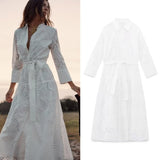 Fongt New Autumn Shirt Type Long Skirt Hollow-Out Embroidered MIDI Dress-Outfit
