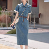 Fongt Kong Style Retro Thin Denim Dress Women's Summer 2025 New Loose Thin Small Short-Sleeved Shirt Dress