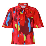 Fongt Women's Clothing 2025 New Fashion Temperament Print With Bubble Sleeves Short-Sleeved Shirt Top