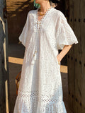 Fongt And Summer Women's New French Embroidery Holiday Dress Women's Bubble Sleeve White Long Dress Women's