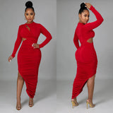 Fashion Women's Solid Color Pleated Round Collar Long Sleeve Dress-Outfit