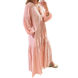 Fongt Spot 2024 Autumn New Women's Fashion V-Neck Bubble Sleeve Bohemian Cotton Linen Dress-Outfit