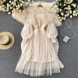 Industry Three-Dimensional Flower Net Gauze Temperament Standing Collar Lantern Sleeves High Waist Show Thin Sling Two Set Fairy Dress-Outfit