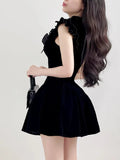 Ruffle Sleeve High Neck Velvet Black Mini Dress-Outfit