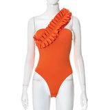 Sexy Ruffles Slant Shoulder Cut Out Bodysuits Women Sleeveless Solid White One Piece Rompers 2022 Summer Beach Holiday