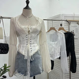 French Court Wind Strapped With Waist Fish Bone Shirt Lace Shirt Back Waist To Take Short Top