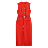 Fongt Elegant Sleeveless Round Collar Buckle Dress Dress Stylish Dress