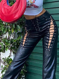 Cut-out Lace Up Pu Leather Pants-Outfit
