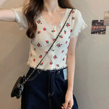 Fongt Bubble BM Broken Flower T-Shirt New Short Ins Lace Korean Version Sweet Renoval Sweet Sleeve