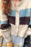 Women Korean Version Patchwork Preppy Style Casual Vintage Single Breasted Baggy All-match Female Sweaters Cozy