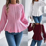 Shooting Autumn And Winter Pure Color Hemp Flowers Waist Lotus Side Long-Sleeved Jacket Sweater Women's