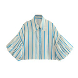Fongt Short Top 2025 Spring New Five-Point Sleeve Bubble Bubble Sleeve Loose Stripe Small Shirt