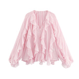 Fongt 2025 Women's New Fashion Butterfly Tacked With Overlays Decoration French Lantern Sleeve Long Sleeve Shirts