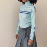 Ribbed Stripe Zipper Pullover Jacket-Outfit