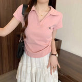 Embroidered Bow Polo Collar Short Sleeve Tee-Outfit