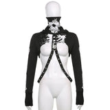 Dark Mall Gothic Skull Print Women Cropped Hoodies Grunge Punk Aesthetic Black Autumn Winter Pullovers Sexy Emo Alt