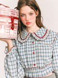 Plaids Peter Pan Collar Patchwork Sweet Shirt Blouse Women Loose All-match Fashion Gentle Femme