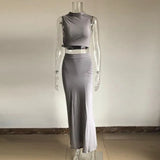 Gray Stretchy Snug Outfits Women Party Tank Tops And Long Ruched Skirts Sets Summer Two Piece Matching
