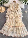 Fongt Retro Court Wind Hollow Lace Splicing Lantern Sleeve Collection Waist Single Buckle Print Dress 2025 Spring Dress