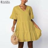 Flounce Dress Women's Summer Sundress 2022 ZANZEA Casual Ruffle Mini Vestidos Female V Neck Robe