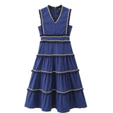 Fongt Women's Retro Tuxedo Splicing Fashion V-Neck Sleeveless High-Waisted Cheongsam Dress