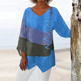 Fongt Women's New Casual Fashion Casing Loose Long-Sleeved V-Neck Digital Printed T-Shirt Top