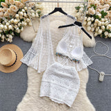 Fongt Wearing A Holiday Style Suit Female Retro Hook Hanging Neck Vest + Hollow Open Shirt + Half-Dress Three-Piece Set
