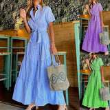 Fongt Spot 2024 New Fashion Stripe Short Sleeves Loose Medium And Long Dress-Outfit