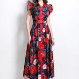 Fongt Printing Lotus Leaf Cuff Clenbuter Single Buckle Waist Swing Dress Female Thin Temperament Elegant Dress