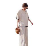 Fongt Fashion Suit Temperament Bumpy Open Fork Short-Sleeved Knit Shirt High Waist Thin Leg Trousers Two Sets
