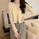 Fongt Summer New Fashion Temperament Sexy Knitted Striped High-Waisted Sling + Long-Sleeved Open-Shirt Two