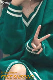 Korean Fashion Green Sweater Women Japanese Style Solid Oversized Knit Jumper Preppy V-neck Long Sleeve Pullover