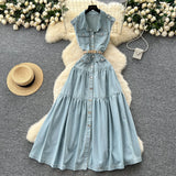 Fongt Ripe Wind Niche High-Grade Buckle Collar Sleeveless Roll-Lens Denim Dress Women's Summer Long Dress