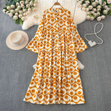 Light Extravagant Temperament Horn Long Sleeved V Collar Loose Thin Single Breasted Printed Dress Elegant Long Skirt-Outfit