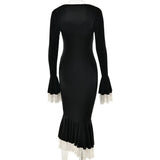 Solid Long Flared Two-piece Crop Sleeve Midi Dress-Outfit