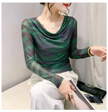 Spring Summer Double-Layer Mesh Top Long Sleeve Printing T-shirt Woman Slim Fitting Tee For Female-Outfit
