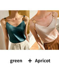 Women's T-shirt Silk Metal Buckle V-neck Vest Elegant Temperament Halter Top Solid Camis Black SATIN Sexy Off The Shoulder