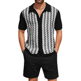 Fongt Men's Casual Jacket Knitted T-Shirt Set Cardigan Knitted Short-Sleeved Shorts Two-Piece Set