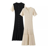 Fongt Women's Clothing Exploding Fashion Simple Solid Color Button Short Sleeves Knitted Dress