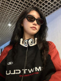 Embroidery Letter Contrast Color Raglan Sweatshirt-Outfit