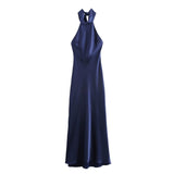 Fongt New Women's Fashion Hanging Neck Collar Silk Tatami Long Dress