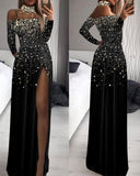 Station Shiny Gold Printed Long-Sleeved High-Collar Mesh Stitched High Fork Dress Dress-Outfit