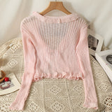 Ruffles Cardigan Slim Women Casual Transparent Sweater Shirts Lady Thin Solid Coats Female Crop Top-Outfit