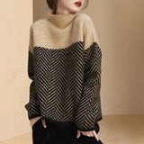 Autumn Winter Vintage Striped Patchwork Loose Knitted Sweaters Female Fashion Korean Warm Thick Half High Collar Jumpers-Outfit