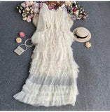 Fongt High-End Feel Leaf Edge Mesh Cake Dress Women's Waist Thin Temperament A Word Shoulder Super Fairy Long Skirt