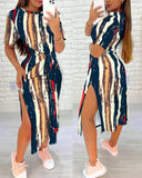 Fongt Round Neck Short Sleeve Slit A-Line Dress Tie Print Women's
