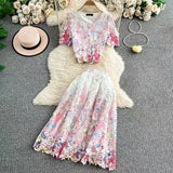 Fongt High-End Lace-Print Temperament Single-Drace Buckle Round-Neck Short-Sleeved Top Two Sets Of High-Rise Slimming Skirt
